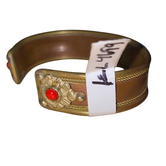 Brass & Copper Cuff Bracelet With Red Stone Accents - Picture 3 of 5